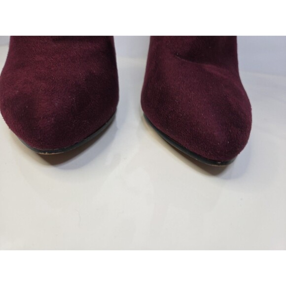 Izabella Rue Baker Maroon Suede Like Ankle Boots High Heel Zip Up S 7 Bow Detail - Picture 12 of 12